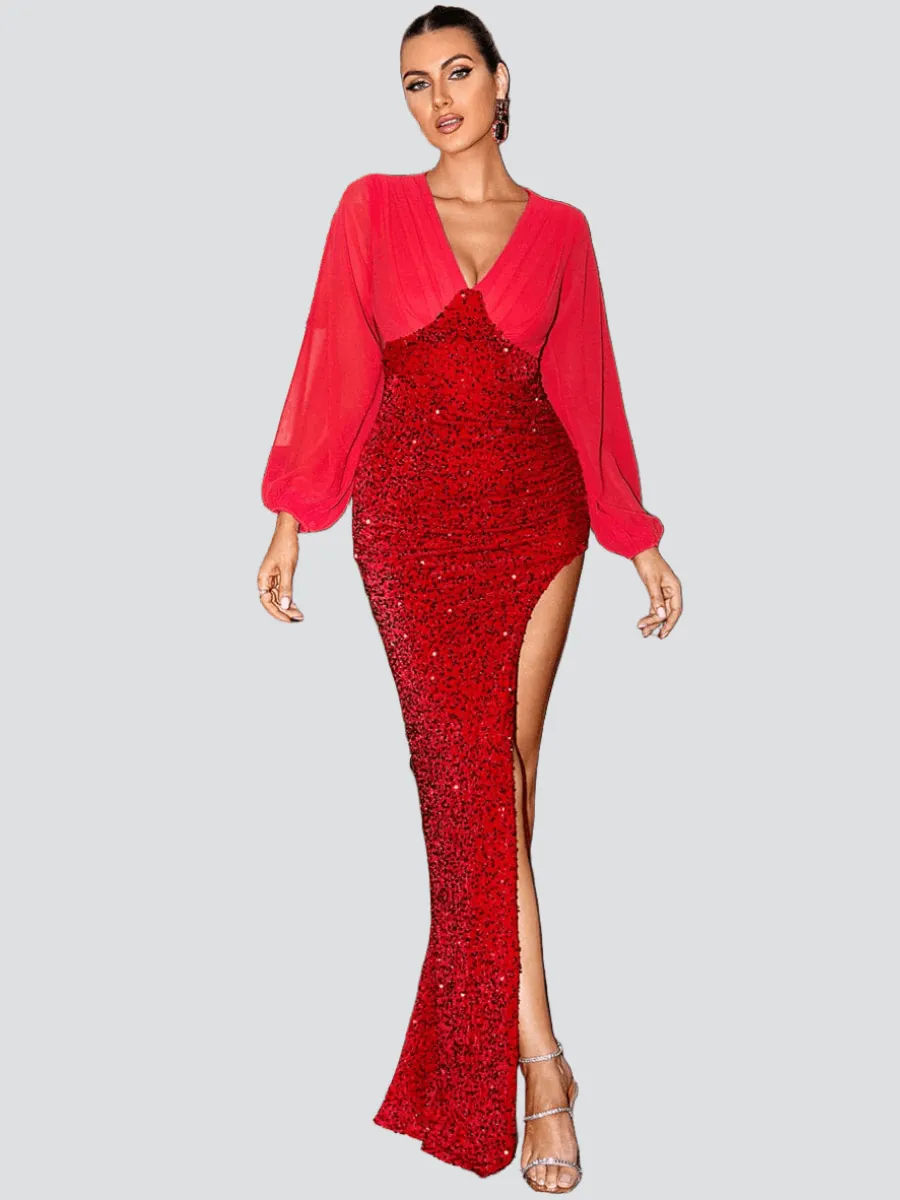 Long Chiffon Sleeve Red Sequin Prom Dress XH2173