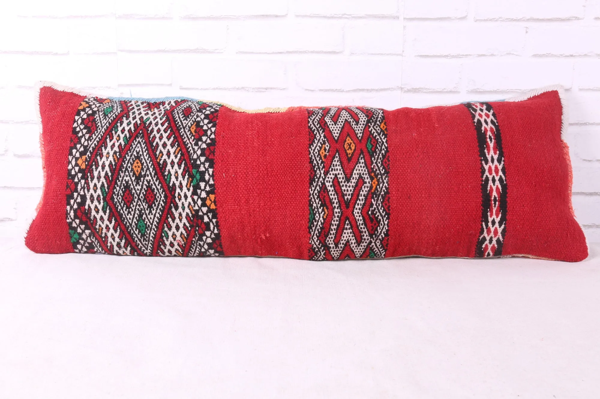 Long Red Moroccan Kilim Pillow 13.7 inches X 38.5 inches