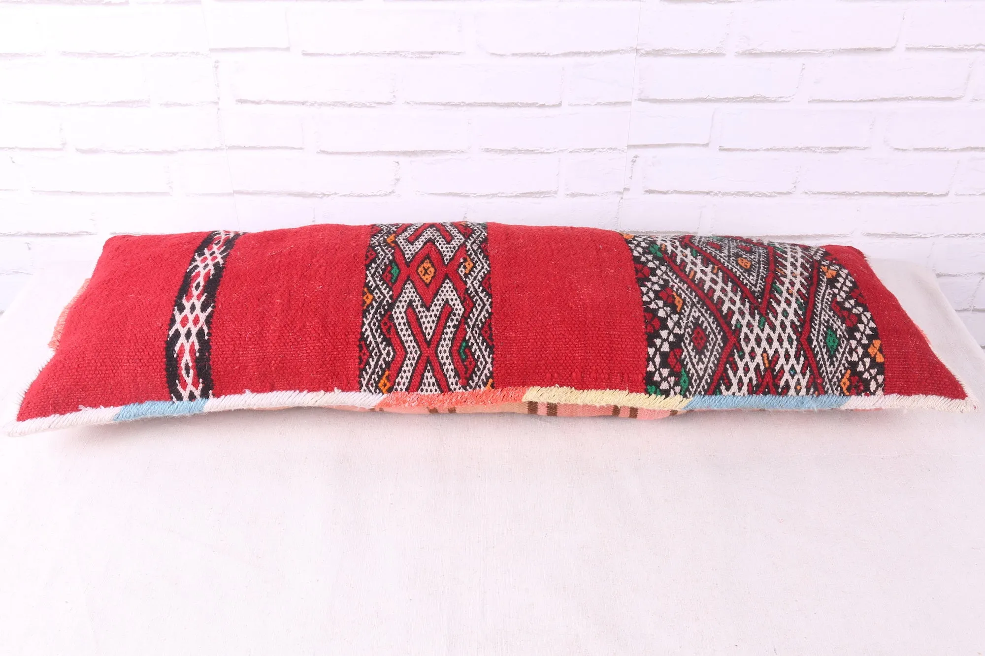 Long Red Moroccan Kilim Pillow 13.7 inches X 38.5 inches