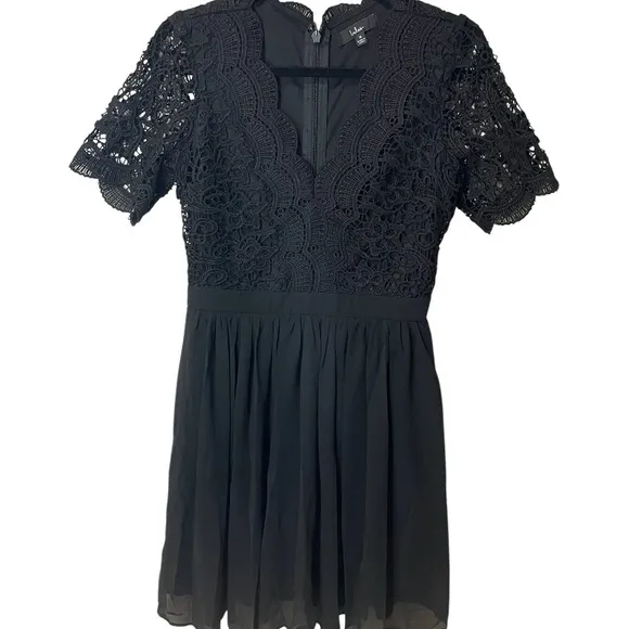 Lulu’s Black Fit Flare Mini Skater Dress Lace &amp; Chiffon Party SZ M NWOT