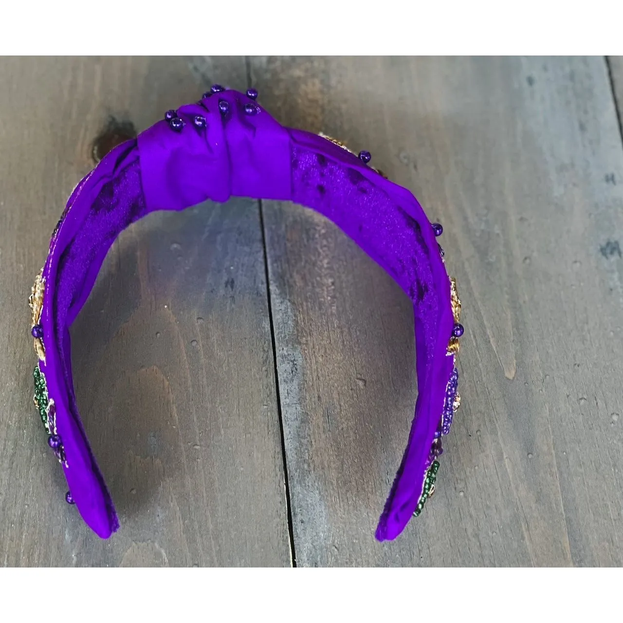 Mardi Gras Seed Sequin Floral Hand Sewn Top Knot Purple Headband