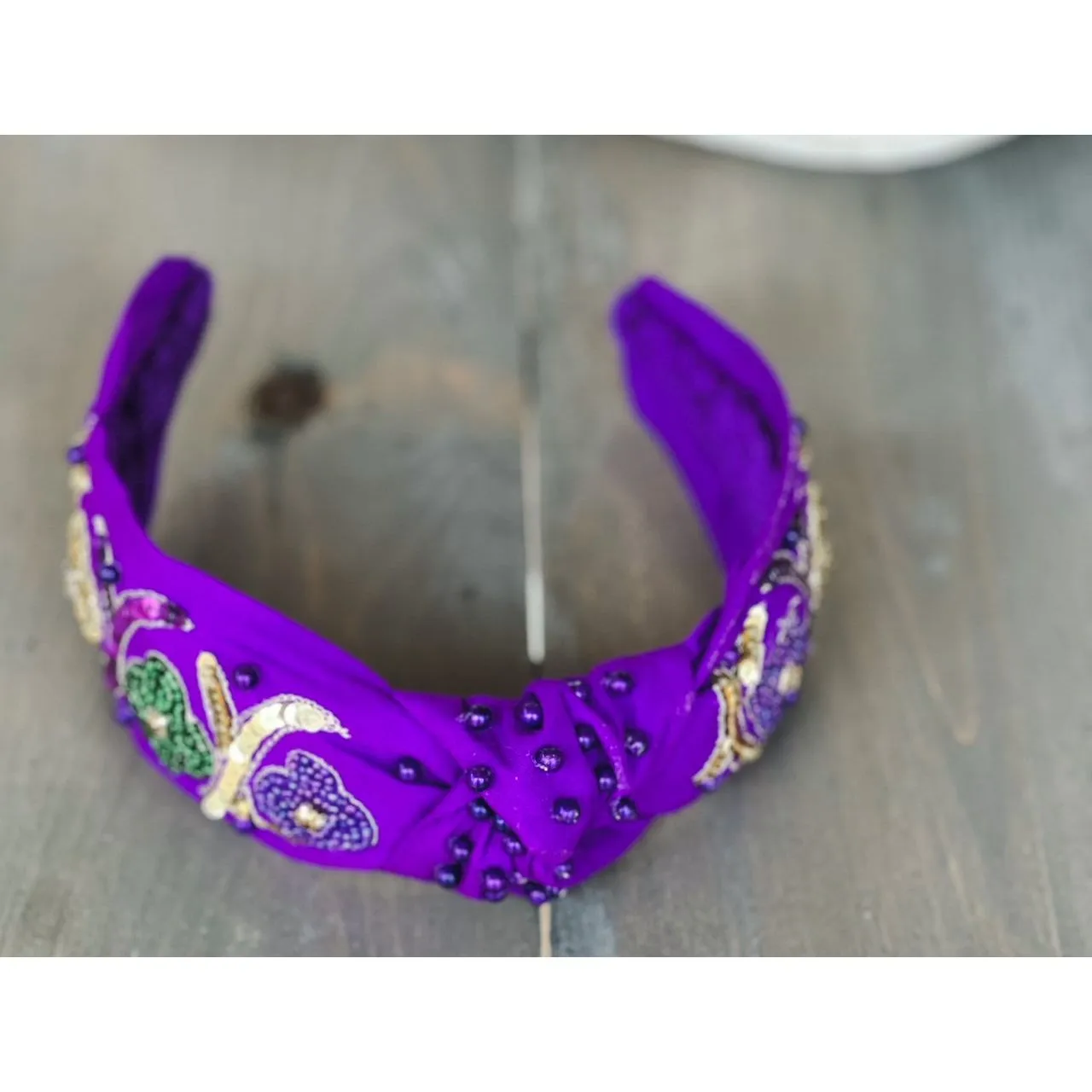 Mardi Gras Seed Sequin Floral Hand Sewn Top Knot Purple Headband