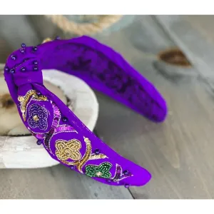 Mardi Gras Sequin Floral Hand Sewn Top Knot Purple Headband.
