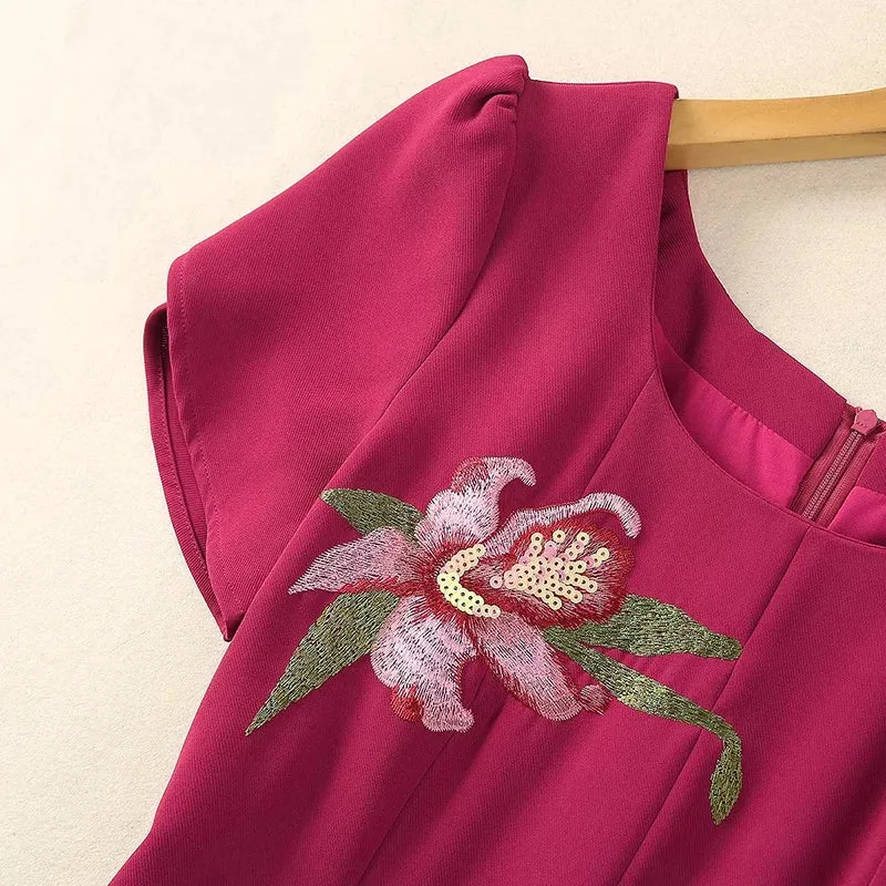 Marvis Round Neck Short Sleeve Burgundy Embroidered Sequin Slit Tribal Ethnic Style Dress