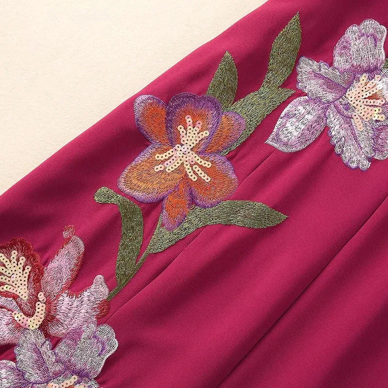Marvis Round Neck Short Sleeve Burgundy Embroidered Sequin Slit Tribal Ethnic Style Dress