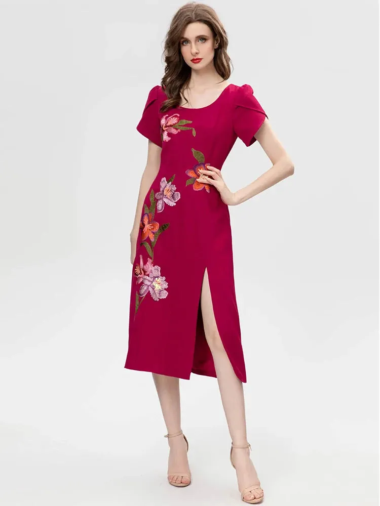Marvis Round Neck Short Sleeve Burgundy Embroidered Sequin Slit Tribal Ethnic Style Dress