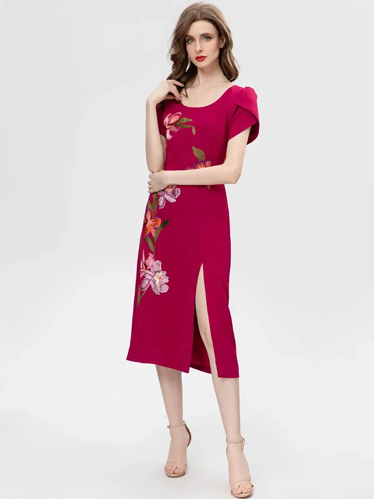 Marvis Round Neck Short Sleeve Burgundy Embroidered Sequin Slit Tribal Ethnic Style Dress