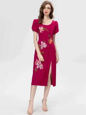 Marvis Round Neck Short Sleeve Burgundy Embroidered Sequin Slit Tribal Ethnic Style Dress