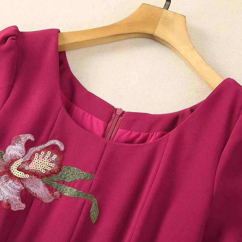 Marvis Round Neck Short Sleeve Burgundy Embroidered Sequin Slit Tribal Ethnic Style Dress