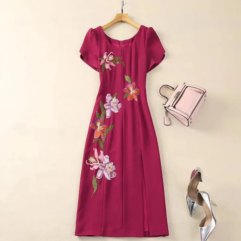 Marvis Round Neck Short Sleeve Burgundy Embroidered Sequin Slit Tribal Ethnic Style Dress