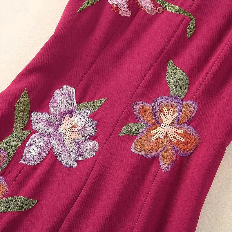 Marvis Round Neck Short Sleeve Burgundy Embroidered Sequin Slit Tribal Ethnic Style Dress