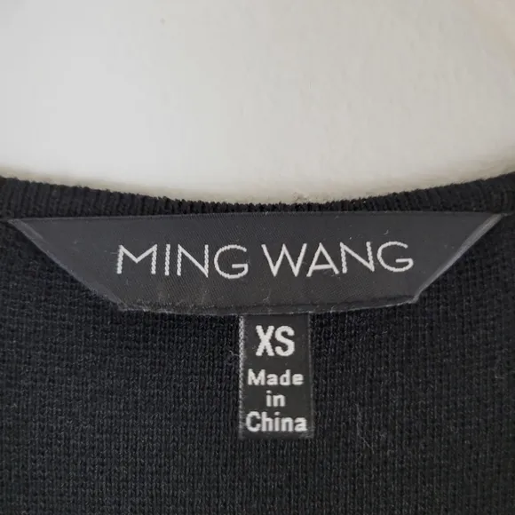 MING WANG black mixed media knit chiffon split panel short sleeve cardigan