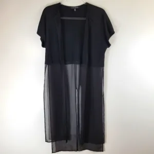 MING WANG black mixed media knit chiffon split panel short sleeve cardigan