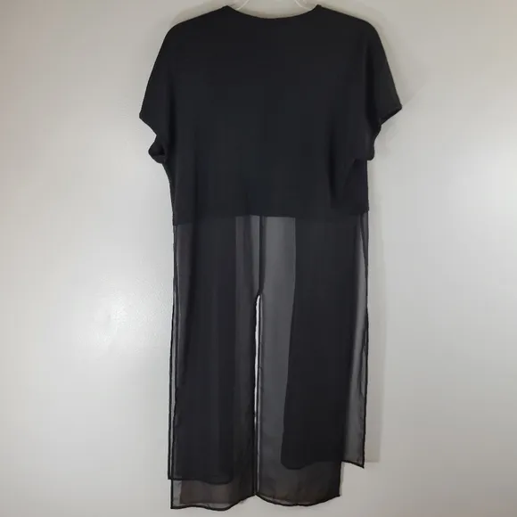 MING WANG black mixed media knit chiffon split panel short sleeve cardigan