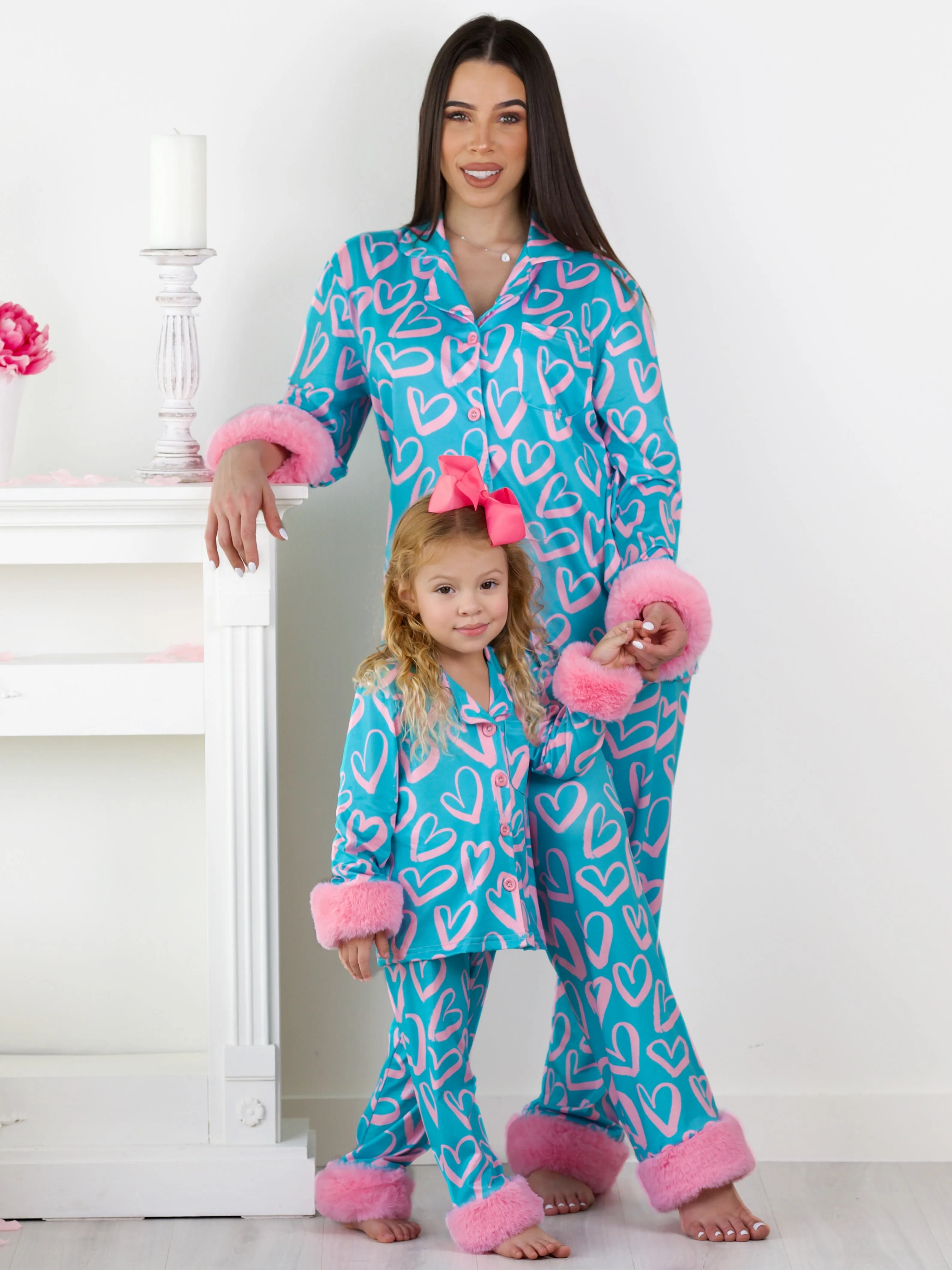 Mommy and Me Heart Furry Pajama Set