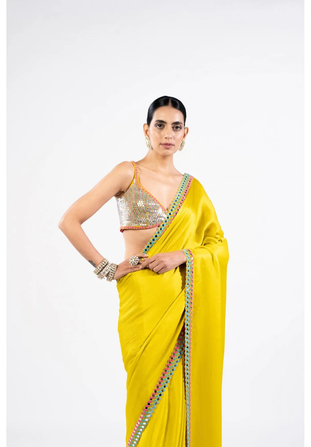 Moss Green Satin Chiffon Saree With Metallic Blouse
