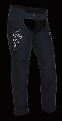 Motorcycle women's light weight textile blk reflective wing and detailing chap