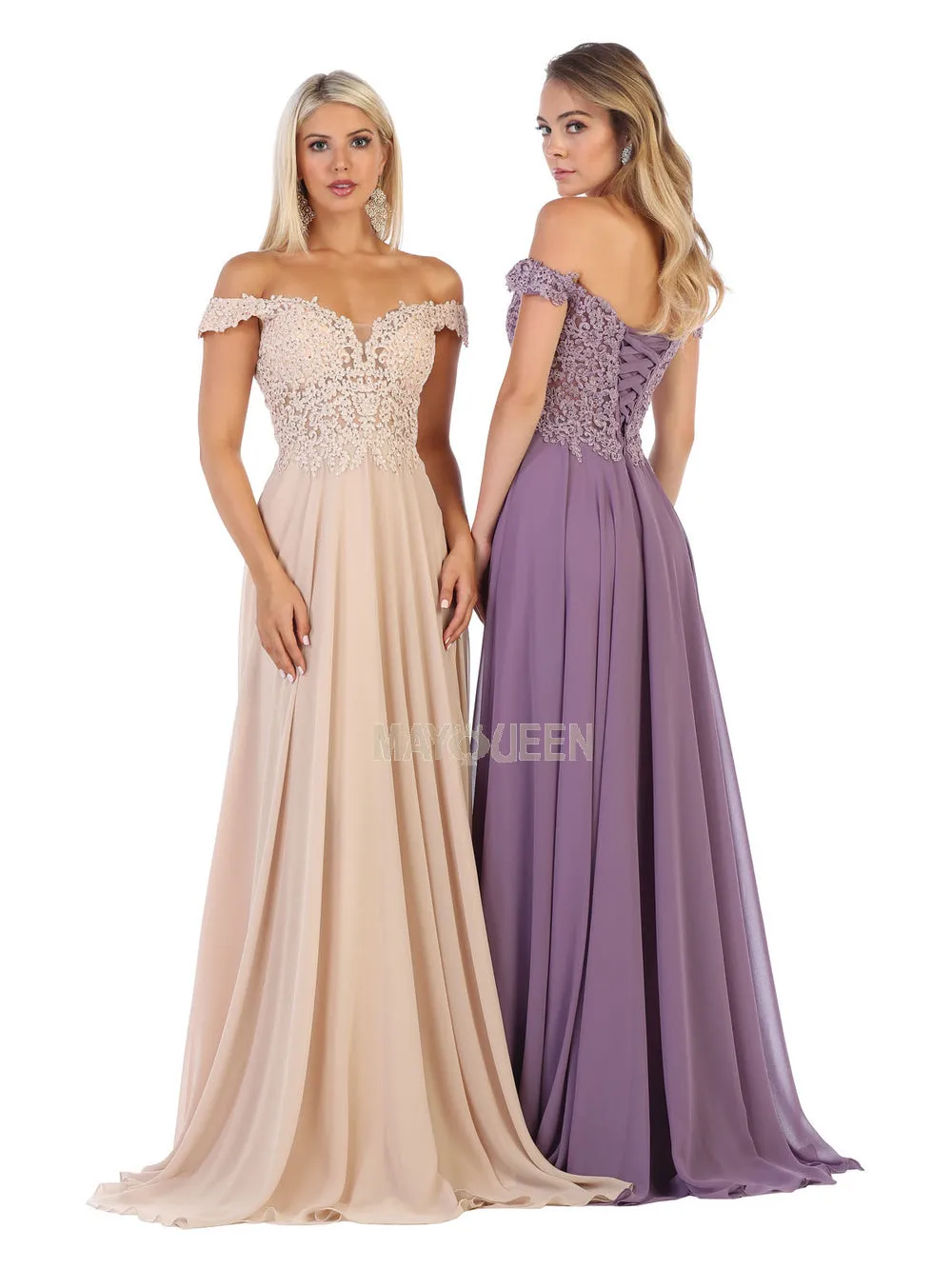 MQ 1602 - Off the Shoulder A-Line Prom Gown with Sheer Lace Embellished Bodice Corset Back & Flowy Chiffon Skirt