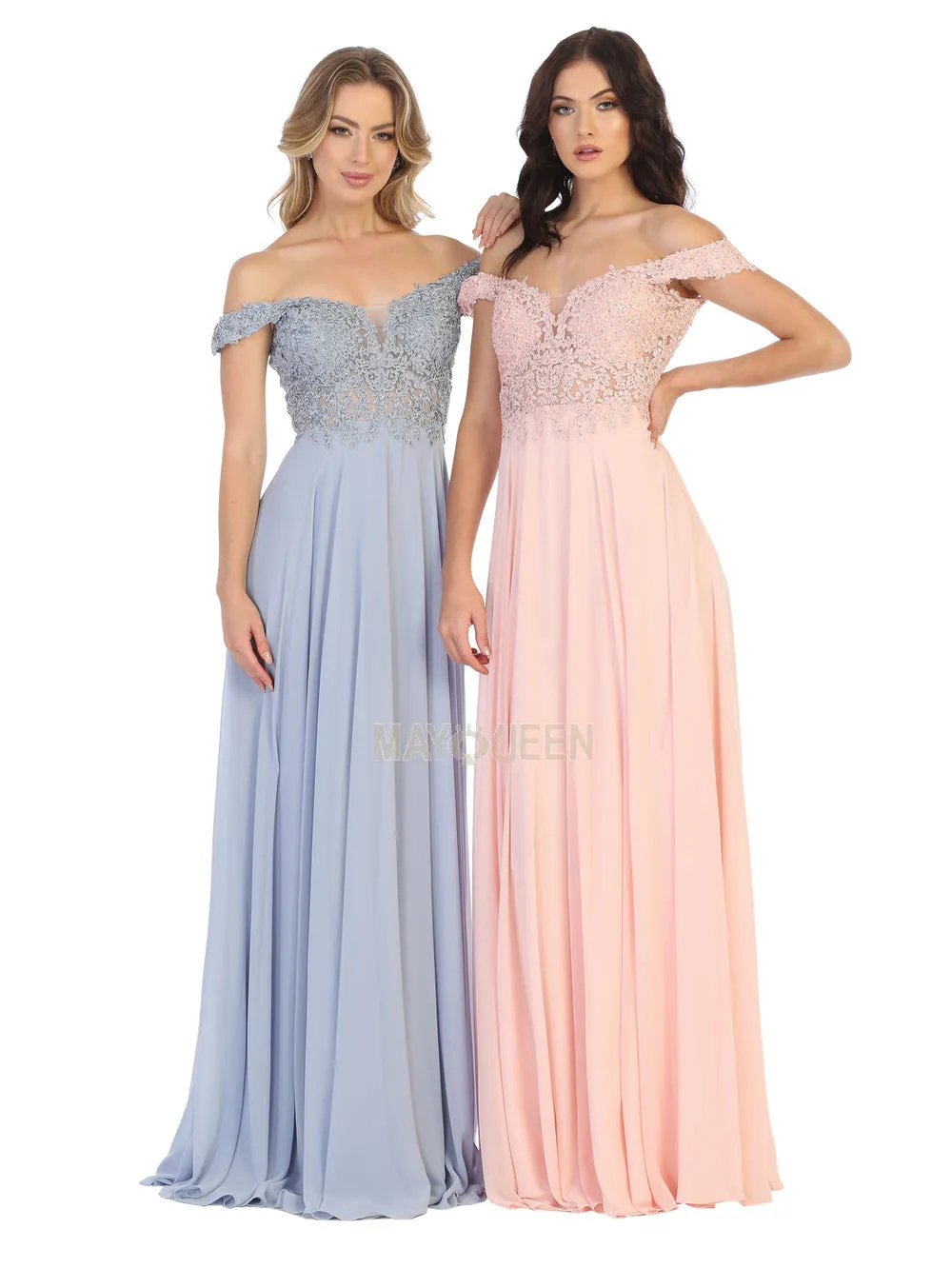 MQ 1602 - Off the Shoulder A-Line Prom Gown with Sheer Lace Embellished Bodice Corset Back & Flowy Chiffon Skirt