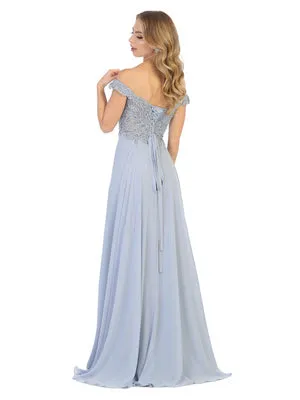 MQ 1602 - Off the Shoulder A-Line Prom Gown with Sheer Lace Embellished Bodice Corset Back & Flowy Chiffon Skirt
