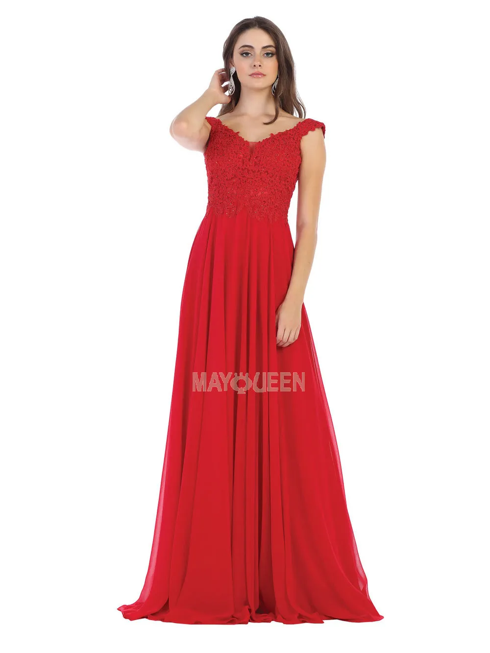 MQ 1602 - Off the Shoulder A-Line Prom Gown with Sheer Lace Embellished Bodice Corset Back & Flowy Chiffon Skirt