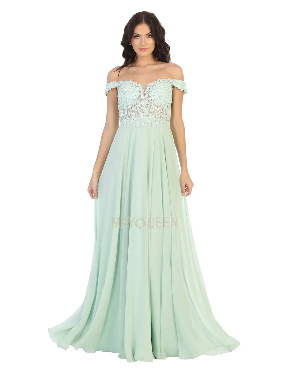 MQ 1602 - Off the Shoulder A-Line Prom Gown with Sheer Lace Embellished Bodice Corset Back & Flowy Chiffon Skirt