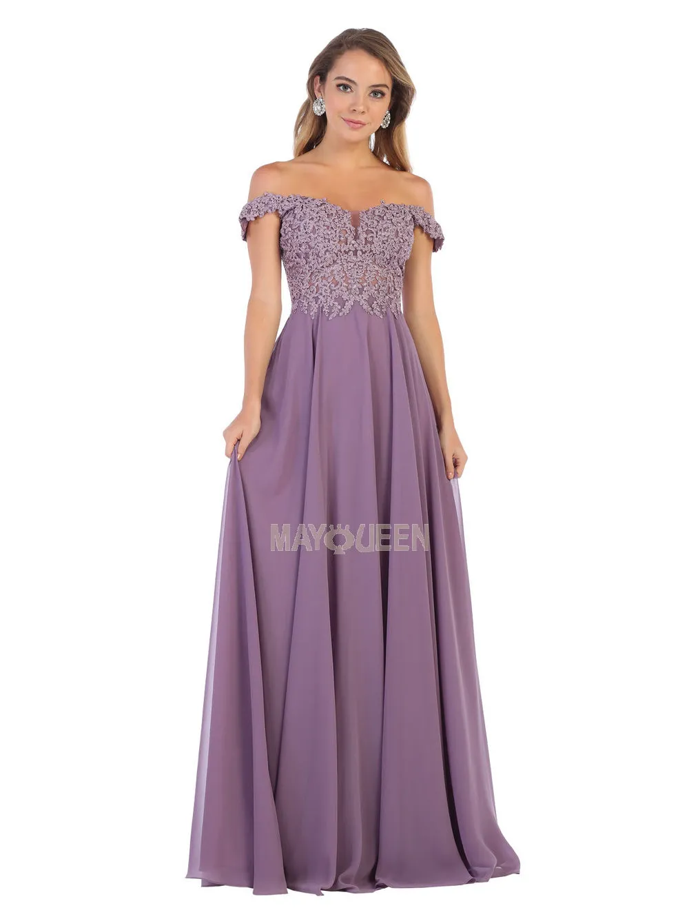 MQ 1602 - Off the Shoulder A-Line Prom Gown with Sheer Lace Embellished Bodice Corset Back & Flowy Chiffon Skirt