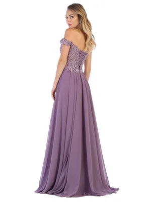 MQ 1602 - Off the Shoulder A-Line Prom Gown with Sheer Lace Embellished Bodice Corset Back & Flowy Chiffon Skirt