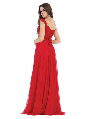 MQ 1602 - Off the Shoulder A-Line Prom Gown with Sheer Lace Embellished Bodice Corset Back & Flowy Chiffon Skirt