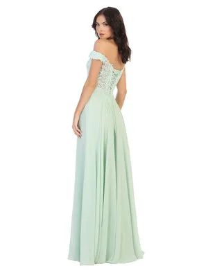 MQ 1602 - Off the Shoulder A-Line Prom Gown with Sheer Lace Embellished Bodice Corset Back & Flowy Chiffon Skirt