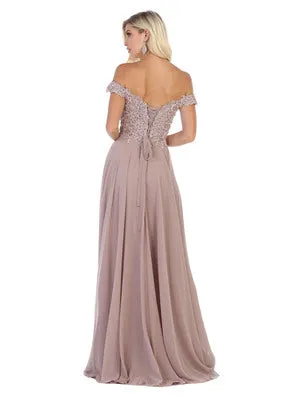 MQ 1602 - Off the Shoulder A-Line Prom Gown with Sheer Lace Embellished Bodice Corset Back & Flowy Chiffon Skirt