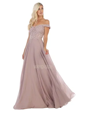 MQ 1602 - Off the Shoulder A-Line Prom Gown with Sheer Lace Embellished Bodice Corset Back & Flowy Chiffon Skirt