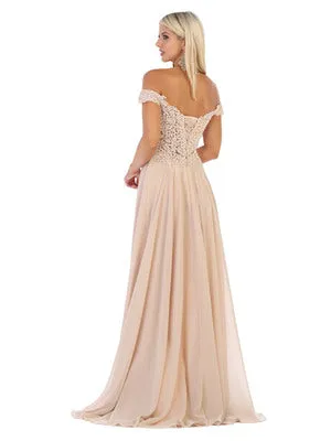 MQ 1602 - Off the Shoulder A-Line Prom Gown with Sheer Lace Embellished Bodice Corset Back & Flowy Chiffon Skirt