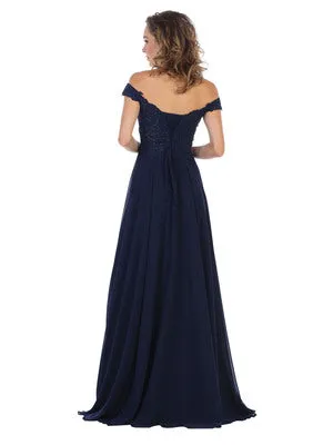 MQ 1602 - Off the Shoulder A-Line Prom Gown with Sheer Lace Embellished Bodice Corset Back & Flowy Chiffon Skirt