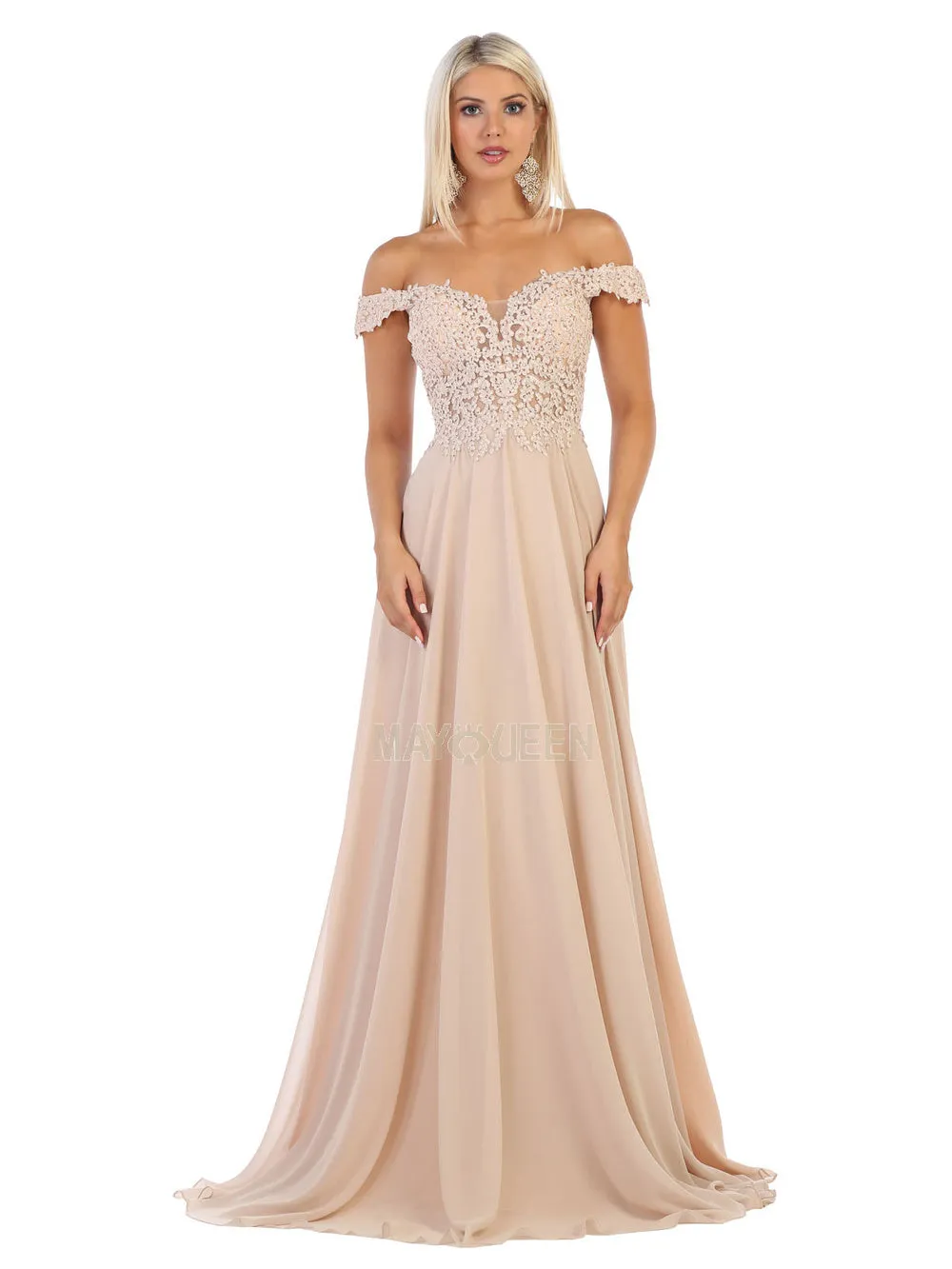 MQ 1602 - Off the Shoulder A-Line Prom Gown with Sheer Lace Embellished Bodice Corset Back & Flowy Chiffon Skirt