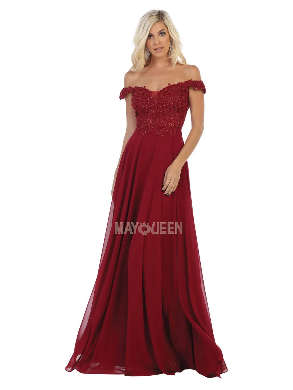 MQ 1602 - Off the Shoulder A-Line Prom Gown with Sheer Lace Embellished Bodice Corset Back & Flowy Chiffon Skirt