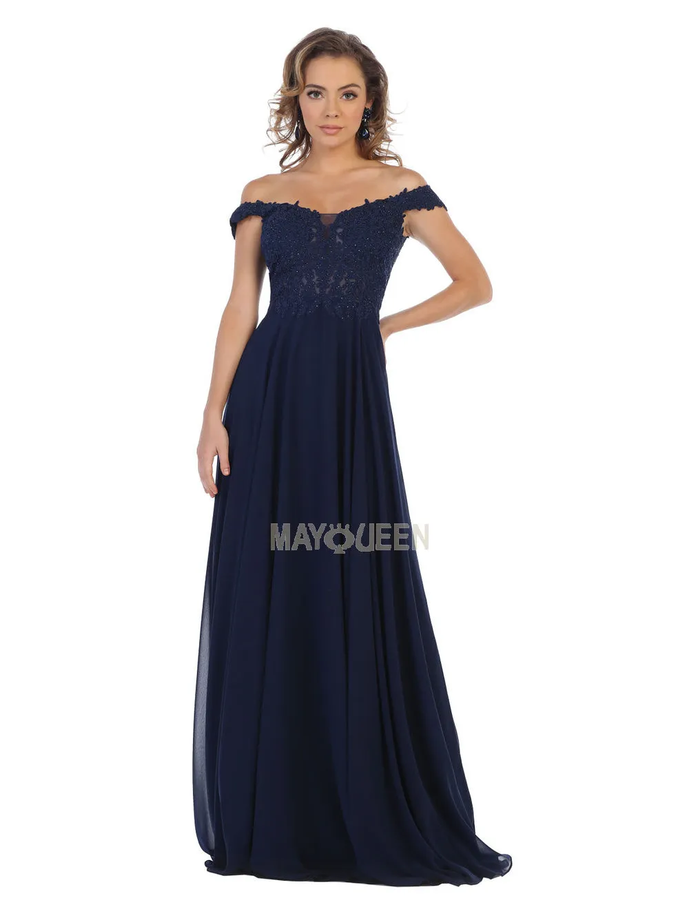 MQ 1602 - Off the Shoulder A-Line Prom Gown with Sheer Lace Embellished Bodice Corset Back & Flowy Chiffon Skirt