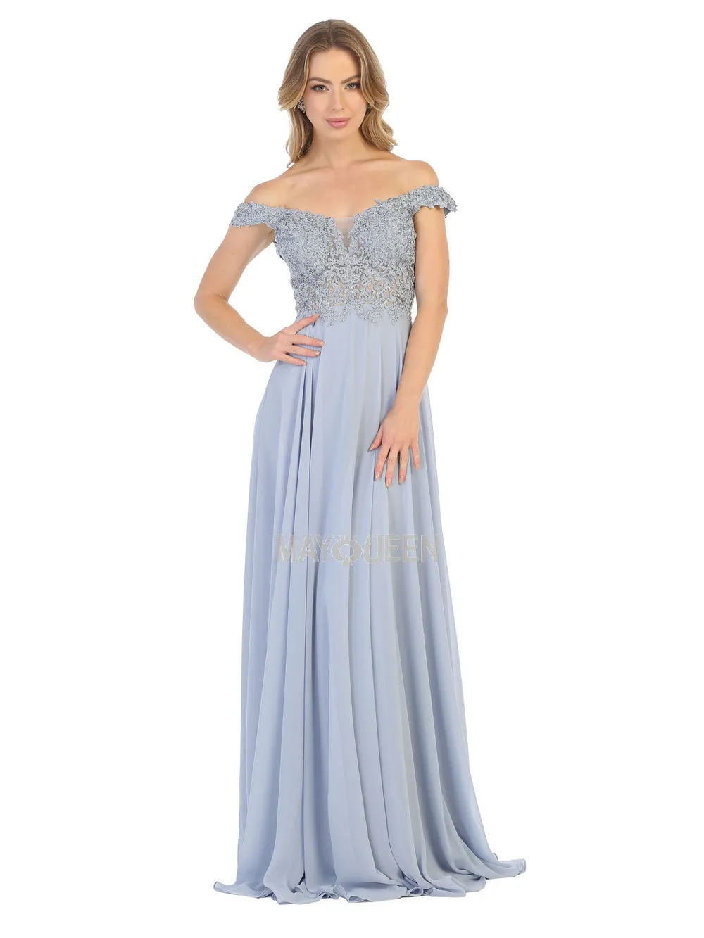 MQ 1602 - Off the Shoulder A-Line Prom Gown with Sheer Lace Embellished Bodice Corset Back & Flowy Chiffon Skirt