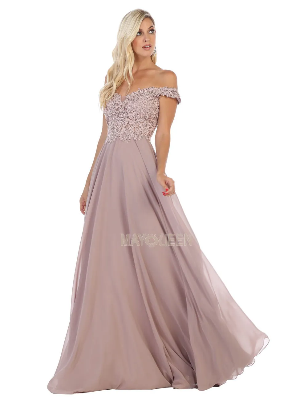 MQ 1602 - Off the Shoulder A-Line Prom Gown with Sheer Lace Embellished Bodice Corset Back & Flowy Chiffon Skirt