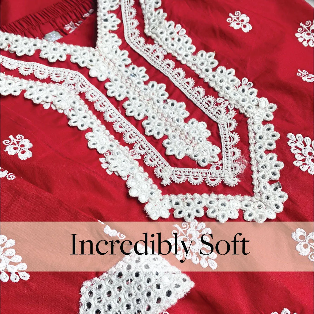 Mulmul Cotton Zoriana Red Kurta With Zoriana Red Sharara