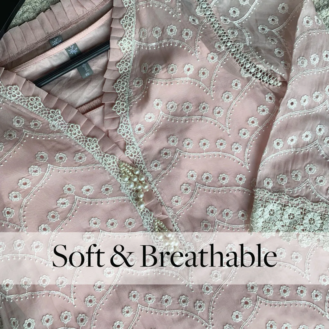 Mulmul Organza Pharis Pink Kurta With Cotton Pharis Pink Pant