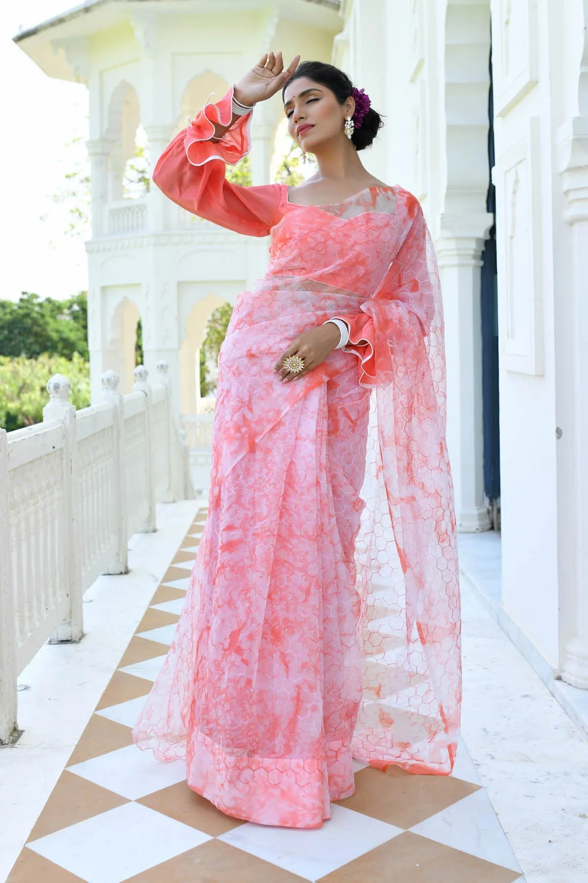 MULMUL SHUBHRA CORAL ORGANZA SAREE