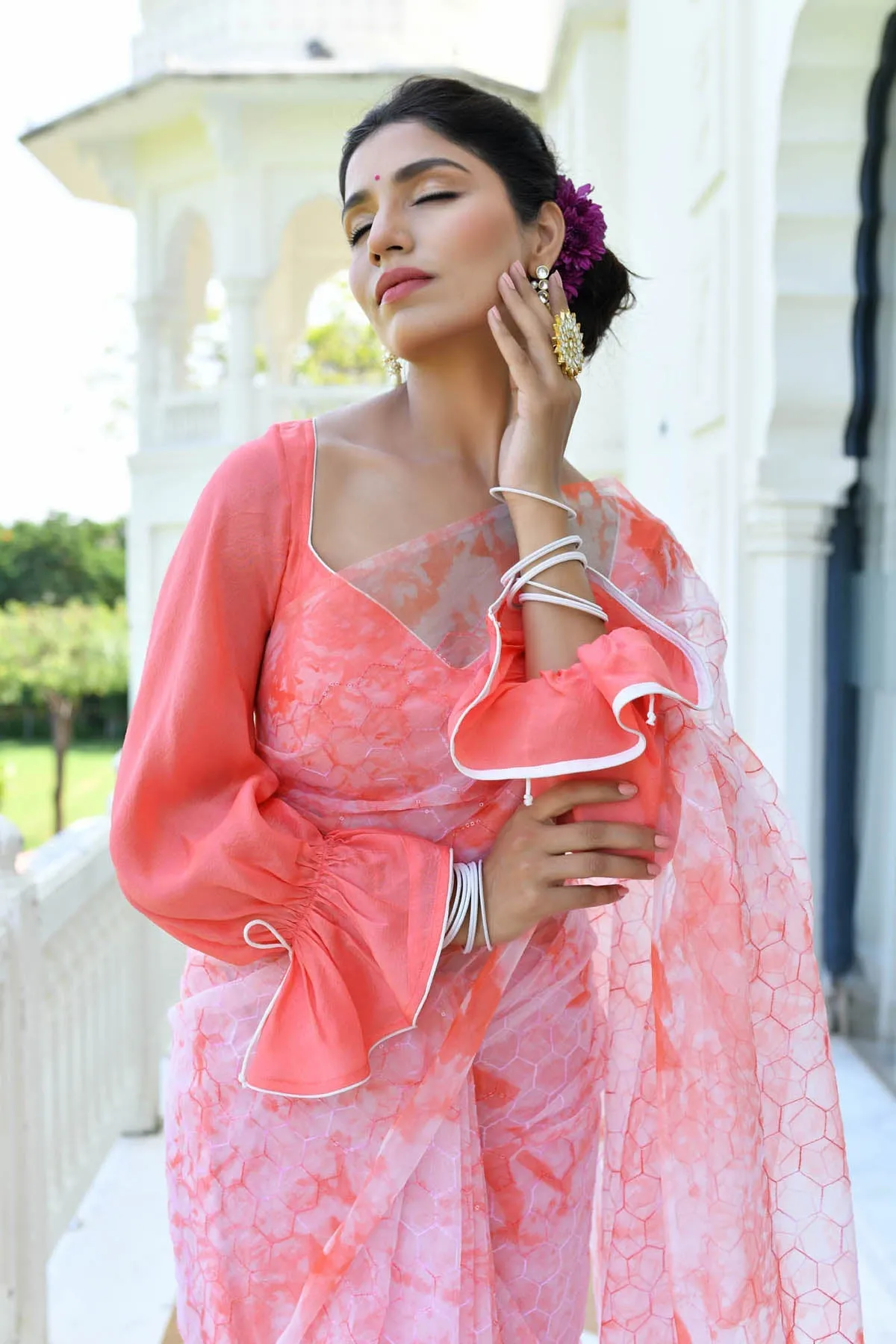 MULMUL SHUBHRA CORAL ORGANZA SAREE