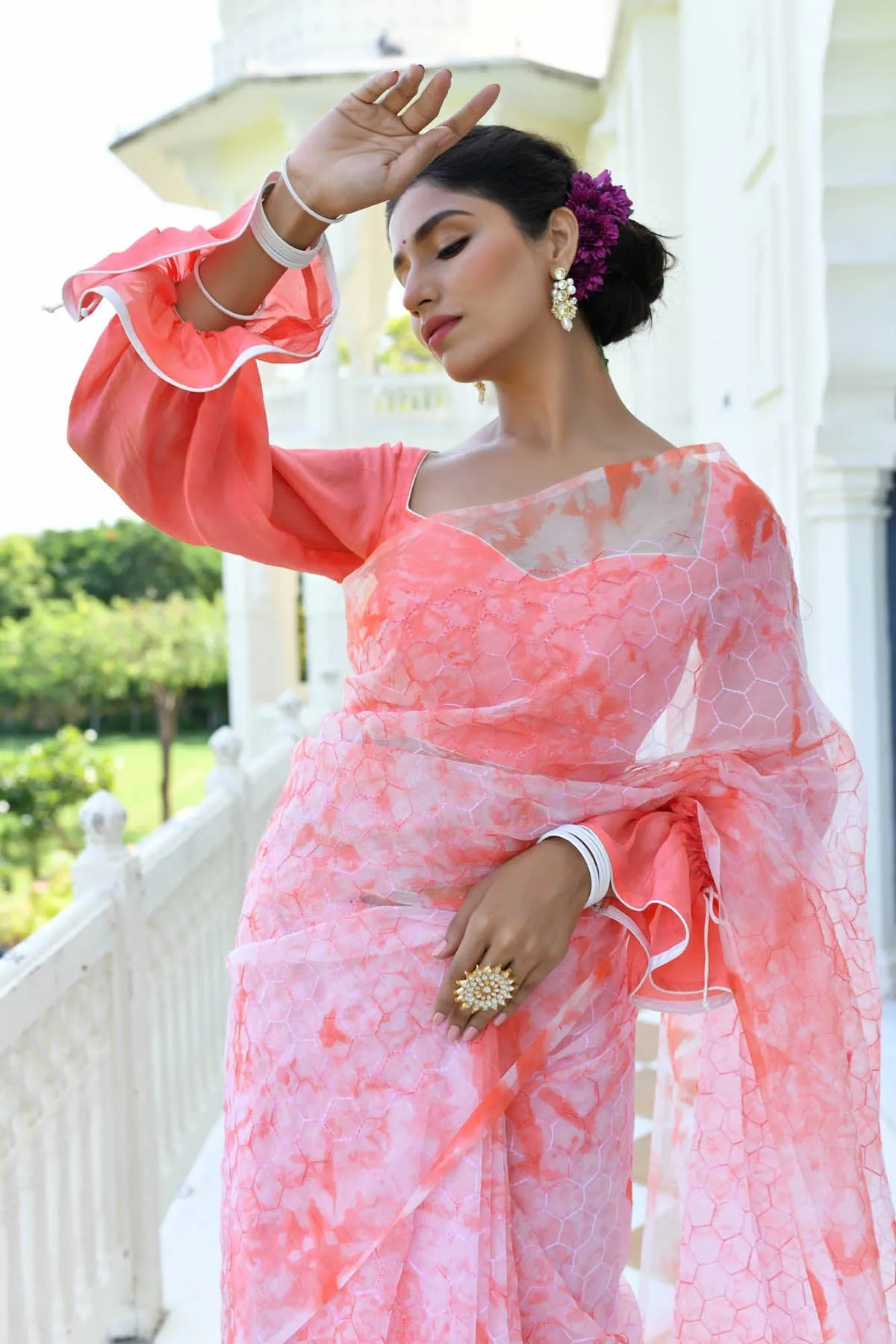 MULMUL SHUBHRA CORAL ORGANZA SAREE