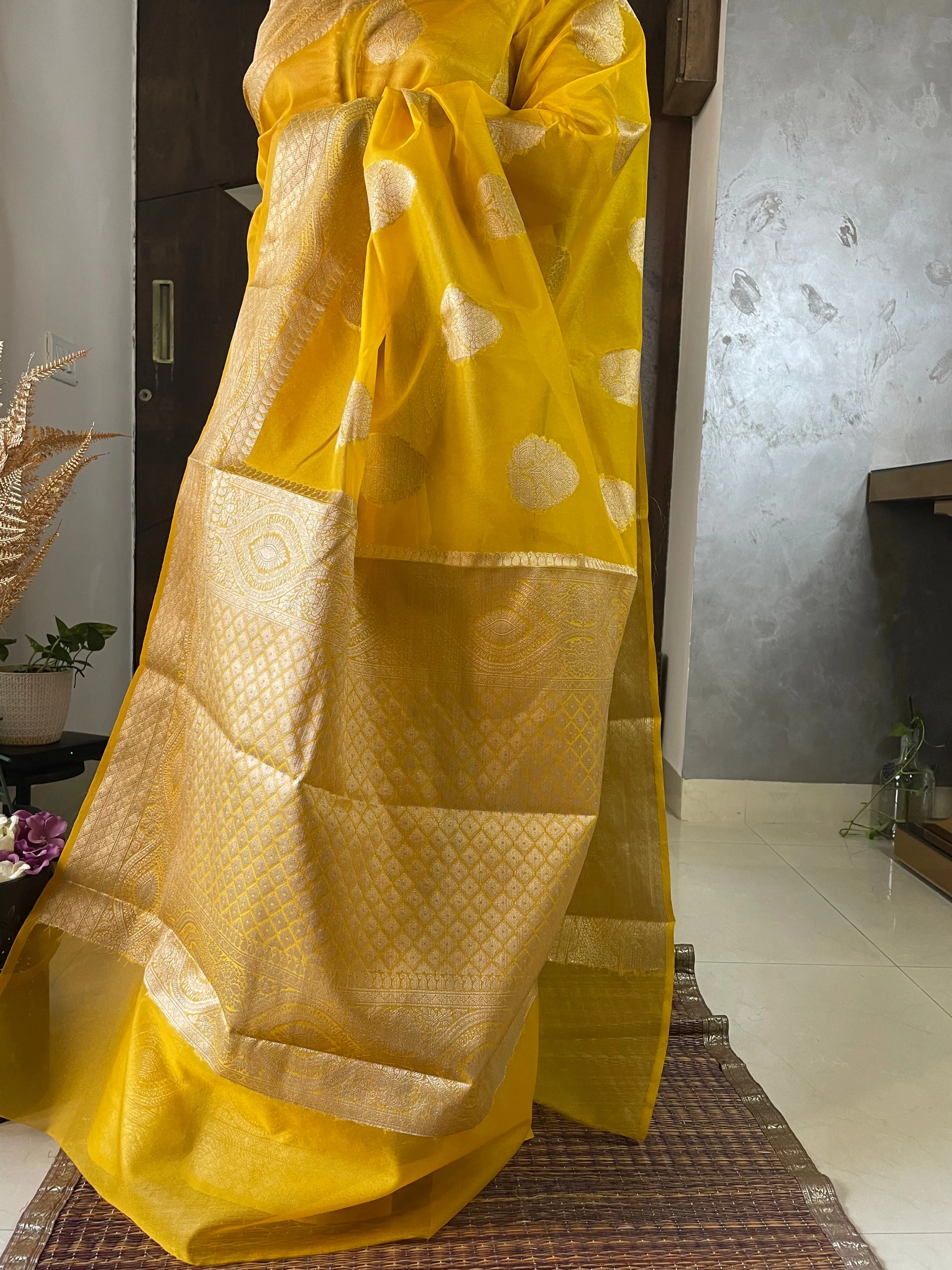Mustard Yellow Banarasi Semi Kora Organza Wedding Saree