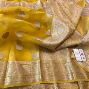 Mustard Yellow Banarasi Semi Kora Organza Wedding Saree