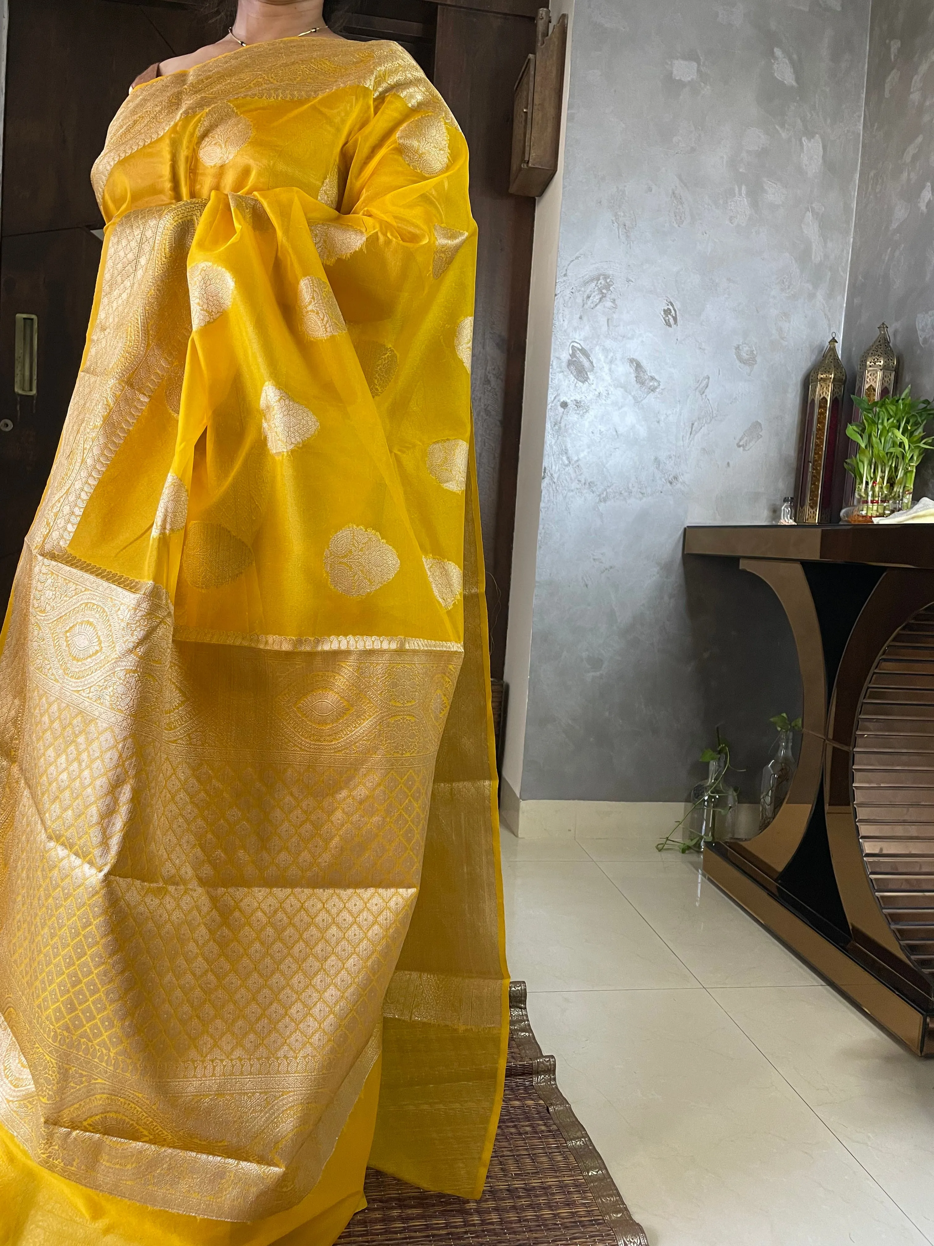Mustard Yellow Banarasi Semi Kora Organza Wedding Saree