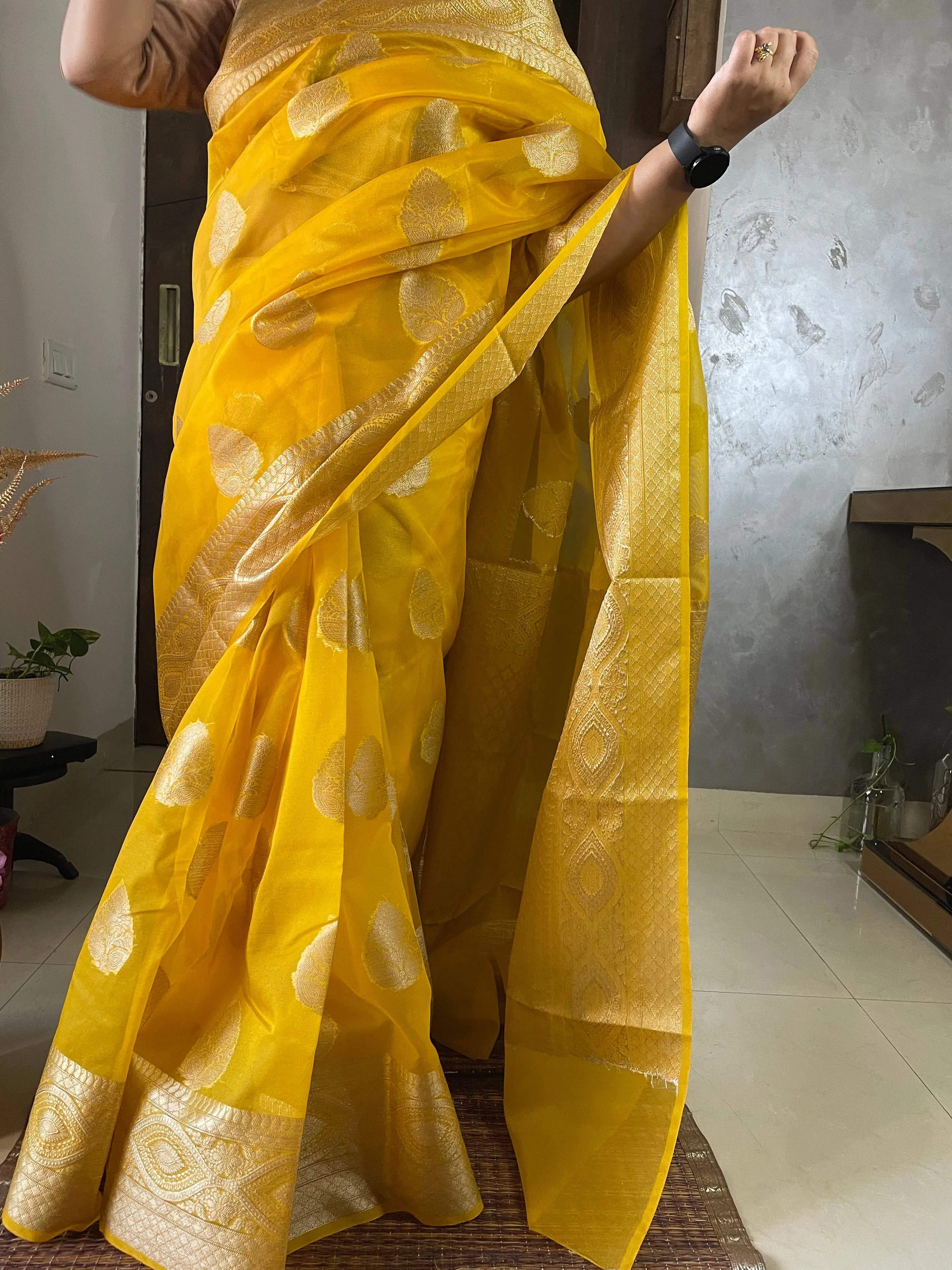 Mustard Yellow Banarasi Semi Kora Organza Wedding Saree
