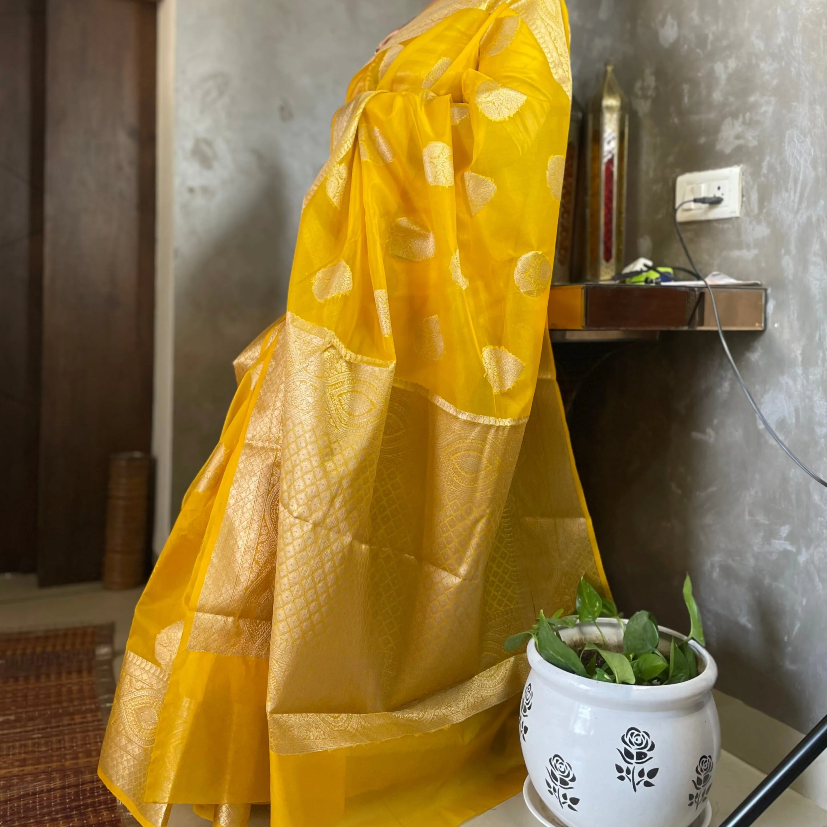 Mustard Yellow Banarasi Semi Kora Organza Wedding Saree