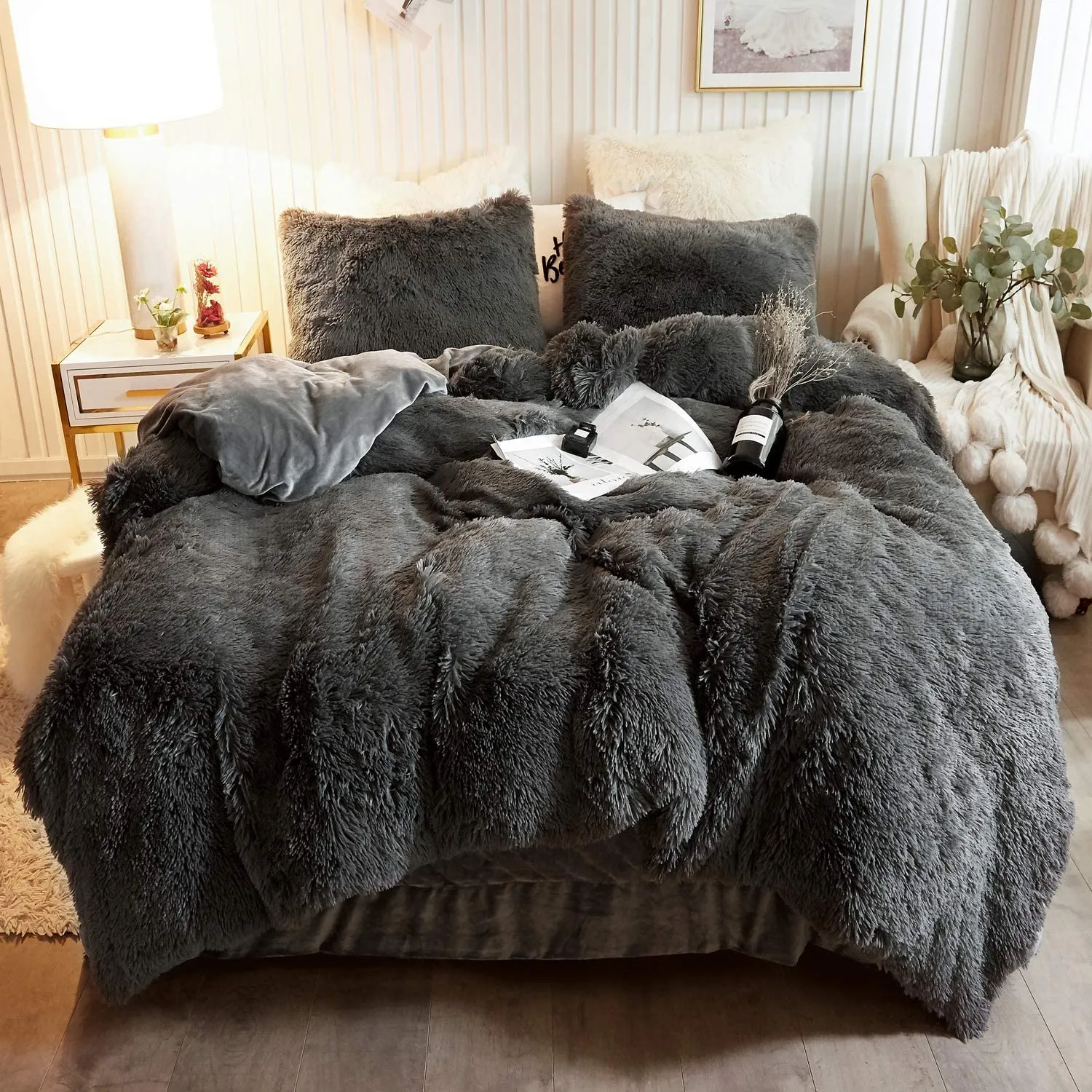 New Sasstie Plush Shaggy Duvet Cover Set, Luxury Ultra Soft Velvet Bedding Set, 3 Pieces(1 Furry Faux Fur Comforter Cover   2 Fuzzy Faux Fur Pillowcases), Zipper Closure(King, Dark Grey)